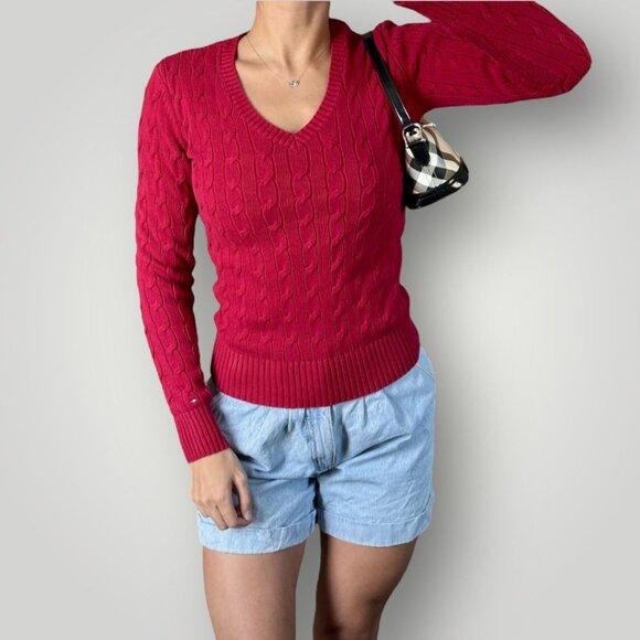 Tommy Hilfiger Womens S Red Cable Knit Sweater Classic V-Neck Pullover Preppy - Picture 1 of 6
